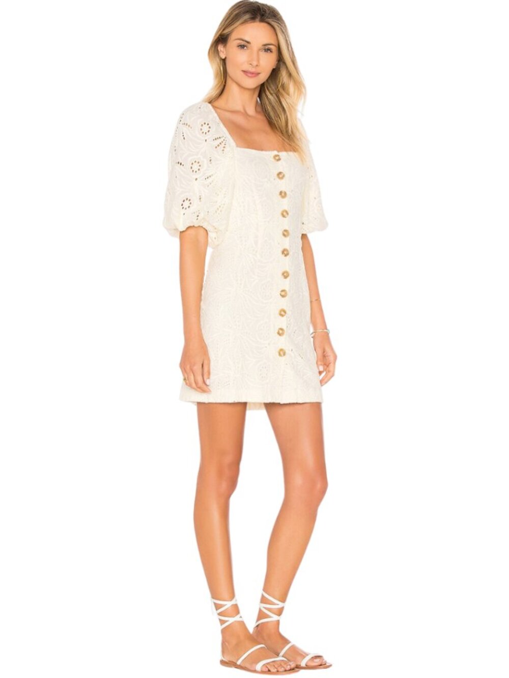 Free People Daniella Eyelet Mini Dress Women's 2 Ivory Puff Sleeve Boho Cotton - Picture 2 of 15